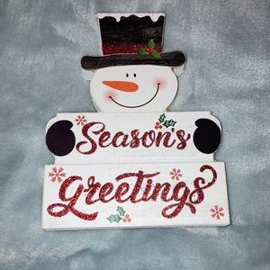 Seasons greetings! Snow man wooden decor